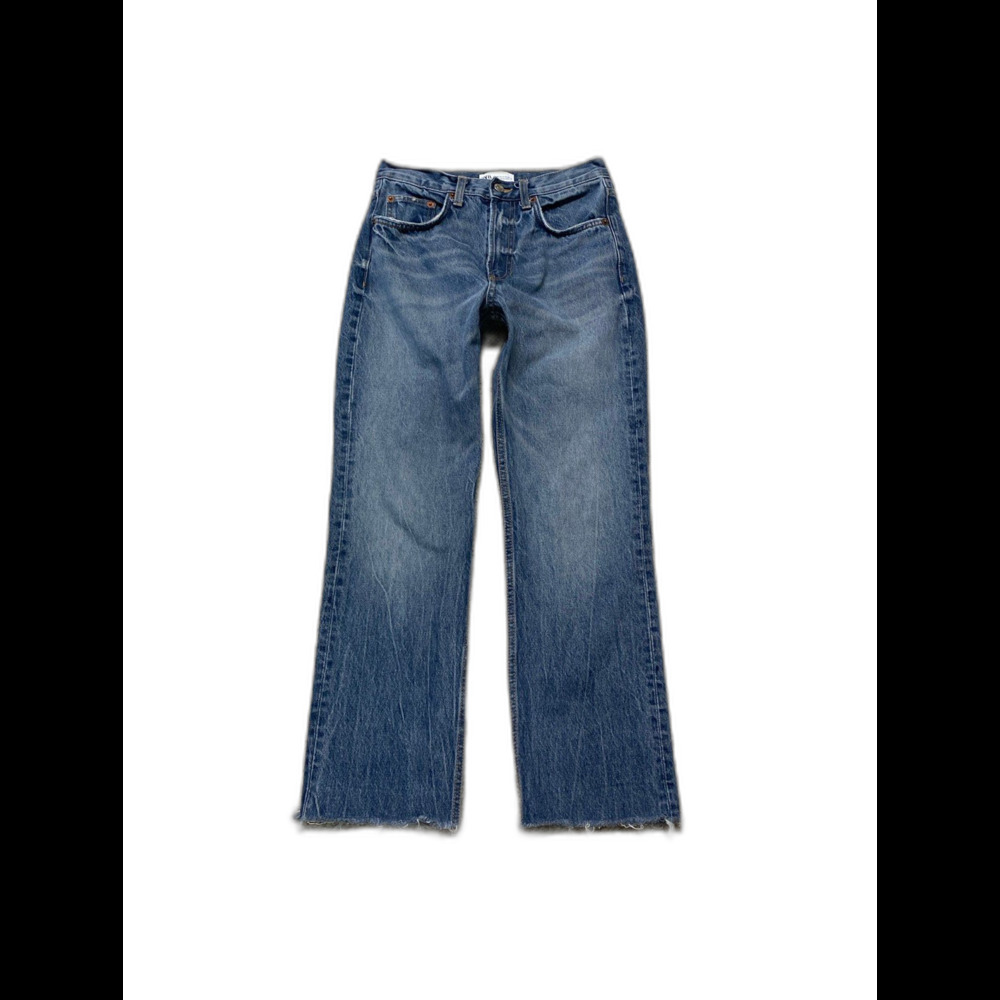 Zara High-Rise Crop Rigid Straight Leg Denim Raw Hem Jeans Size 4